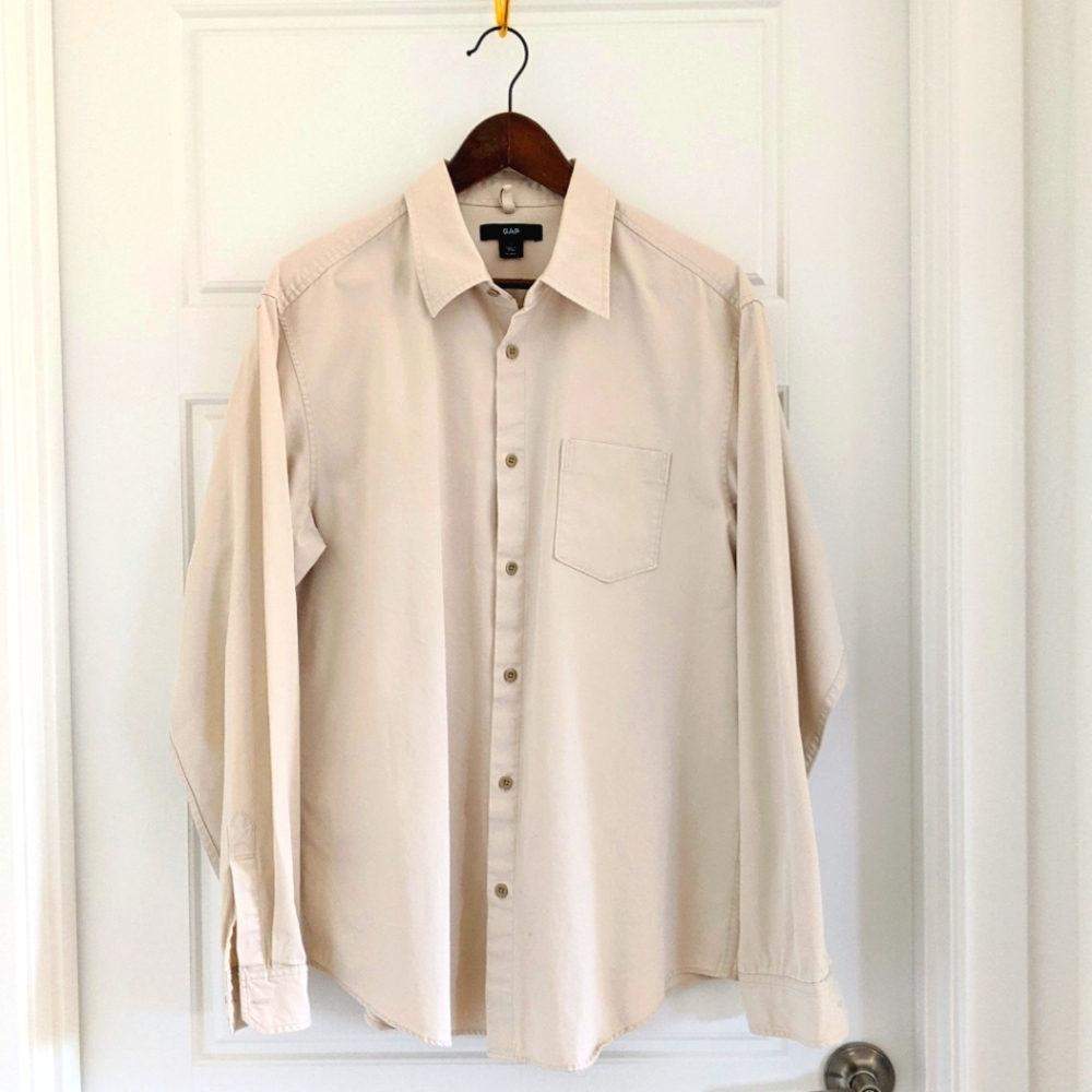 Vintage Y2K Men's Long Sleeves Button Down Shirt Beige Size L Travel Minimalist